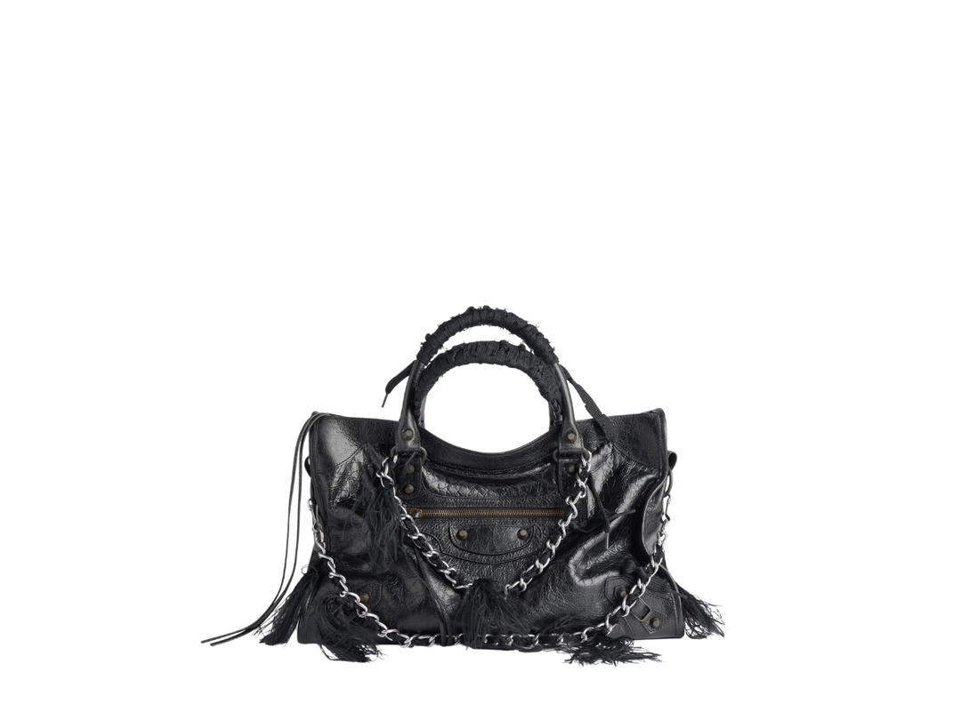 Balenciaga Balenciaga Le City Medium Bag In Black Arena Storico Lambskin With Destroyed Shoelace Chains Brass Hardware