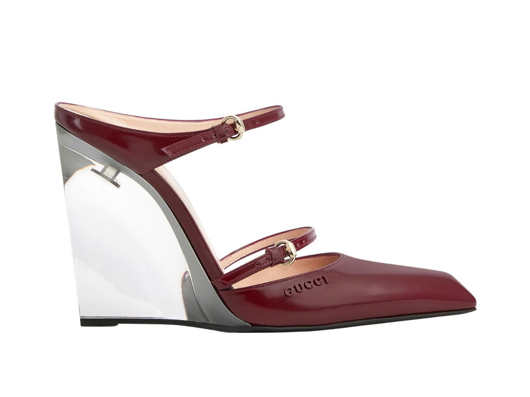 Gucci Gucci Wedge Mule In Gucci Rosso Ancora Red Shiny Leather With Light Gold Toned Hardware Red