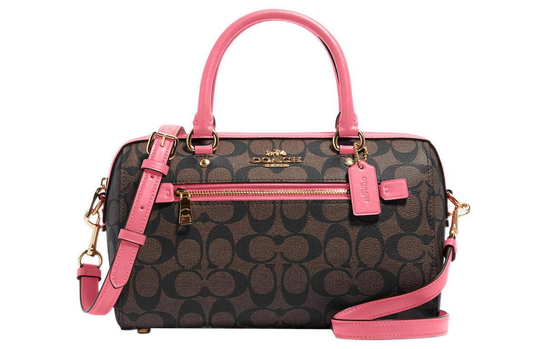 Coach Coach Rowan Coated Canvas With Leather Handbag Shoulder Bag Crossbody Bag Large Size Women's Brown & Watermelon Red