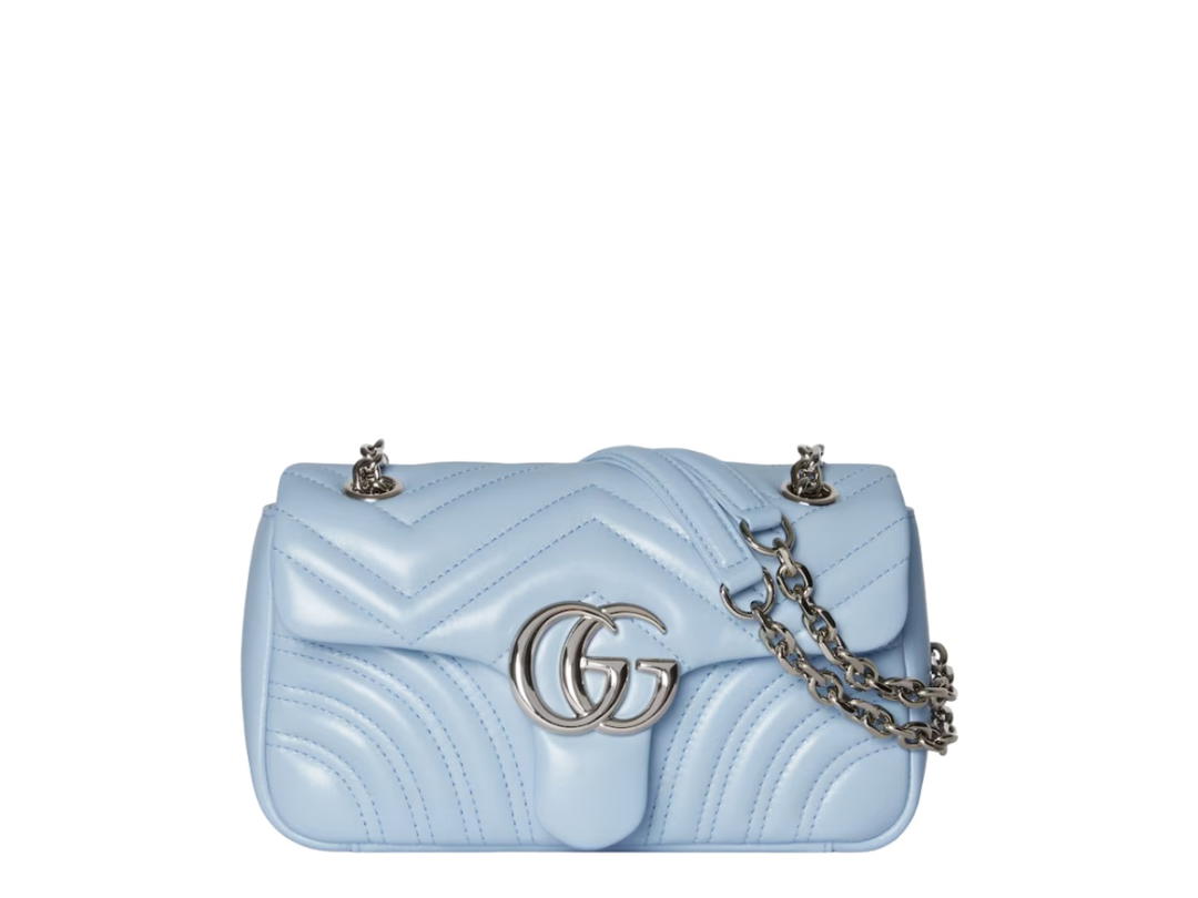 Gucci Gucci GG Marmont Small In Blue Chevron Matelassé Lambskin With Silver Tone Hardware