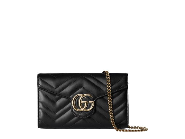 Gucci Gucci GG Marmont Wallet On Chain In Black chevron Matelassé Leather With Light Gold Tone Hardware - view 1