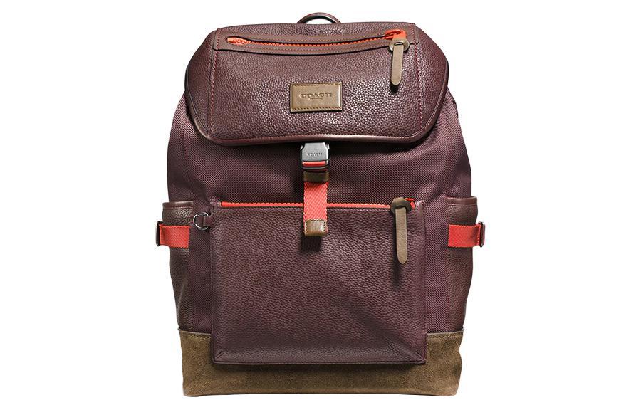 Coach Coach Manhattan Grained Leather With Fabric And Suede Backpack Large Size Women's Dark Brown