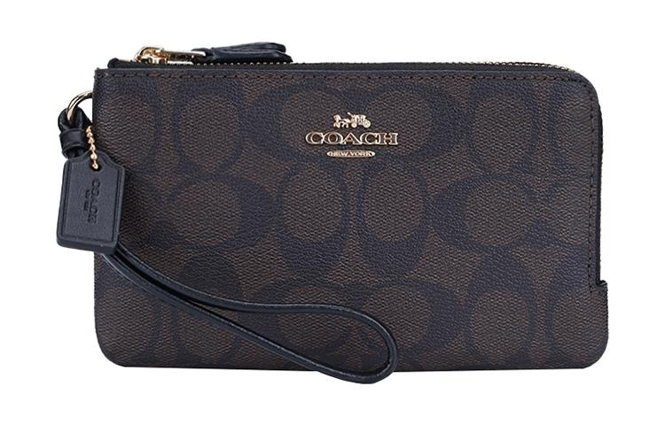Coach Coach Corner Zip Monogram Canvas With Leather Mahjong Themed Wrist Bags And Clutches Mini Women's Black Brown