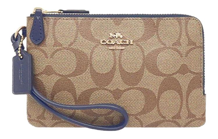 Coach Coach Corner Zip Canvas With Leather Mahjong Box Clutch Wrist Bag Large Size Women's Khaki With Blue Wristbands