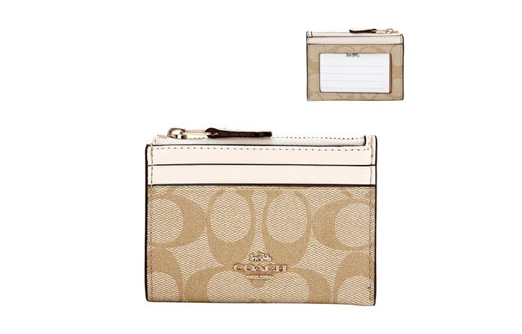 Coach Coach Canvas With Leather Card Clip Clutch Mini Women's White & Khaki