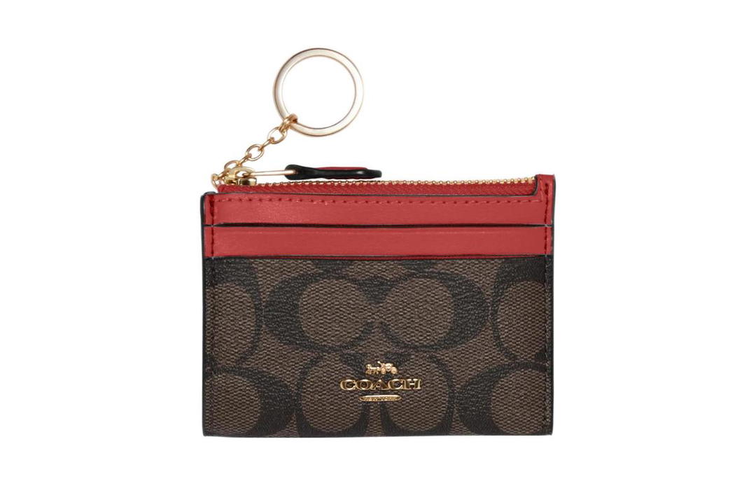 Coach Coach Mini Id Skinny Leather Card Clip Card Holder Mini Women's Red/Brown