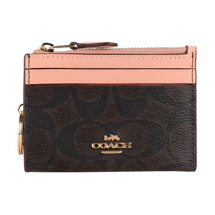 Coach Coach Canvas Leather Card Holder Mini Women's Dark Brown & Shell Pink