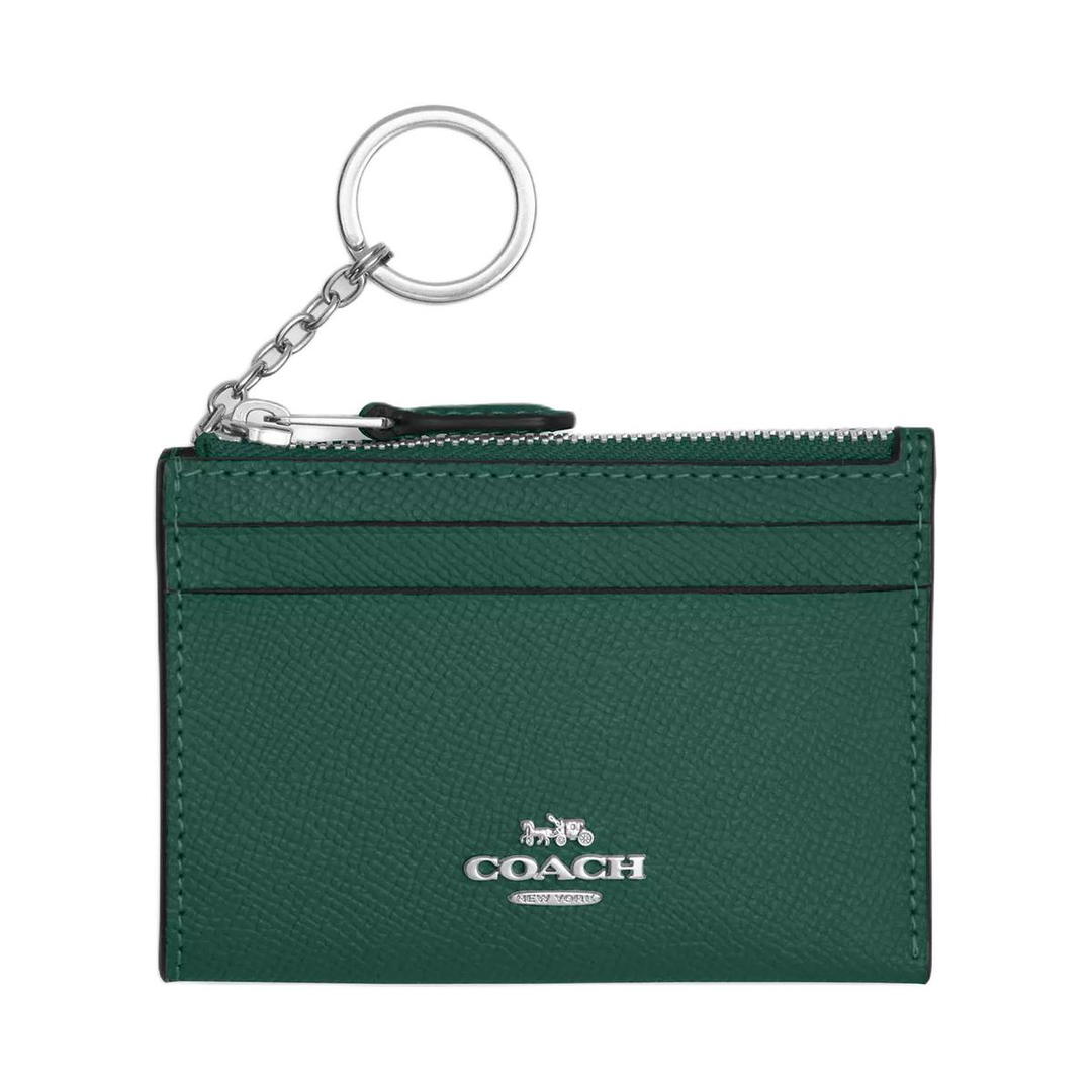 Coach Coach Skinny Id Case Cross Grain Leather Card Holder Mini Women's Silver & Emerald Green