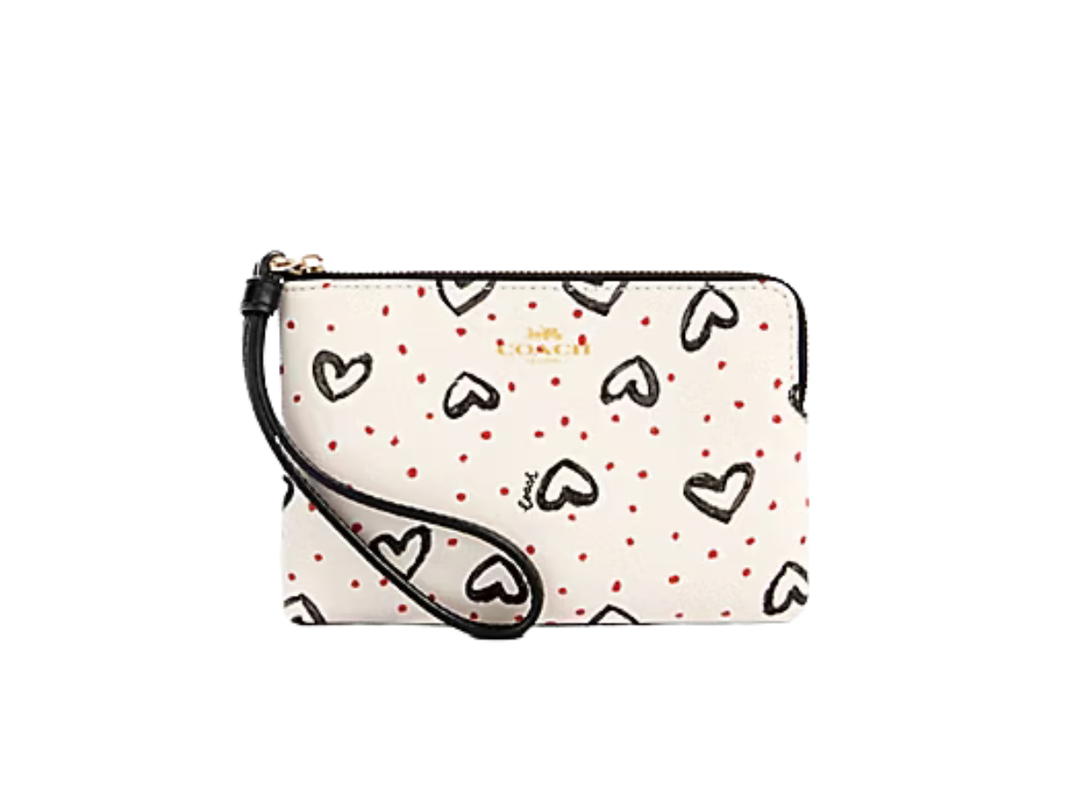 Coach Coach Corner Zip Wristlet With Crayon Hearts Print White