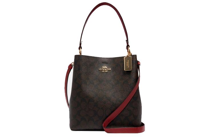 Coach Coach Town Canvas With Leather Bucket Bag Portable Crossbody Bag Shoulder Bag Medium Size Women's Red & Dark Brown