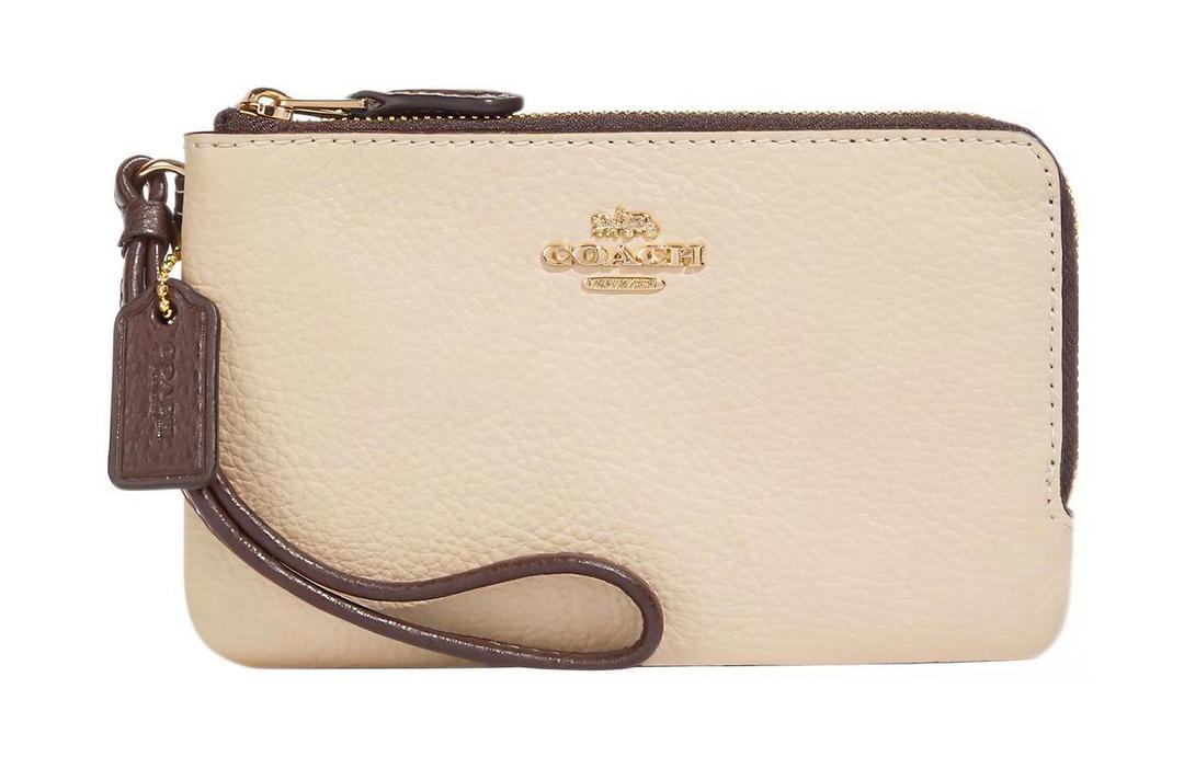 Coach Coach Double Zip Wallet Glossy Pebbled Leather Clutch Wrist Bag Small Size Women's Ivory White