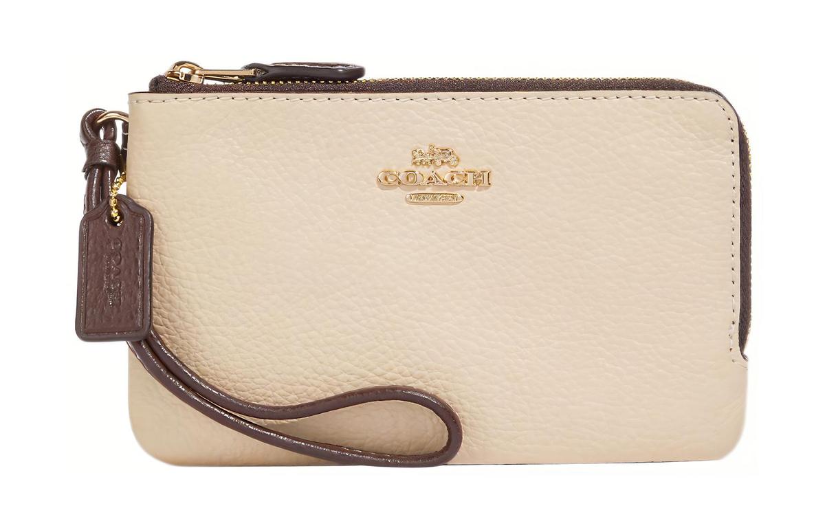 Coach Coach Double Zip Wallet Glossy Pebbled Leather Clutch Wrist Bag Small Size Women's Ivory White
