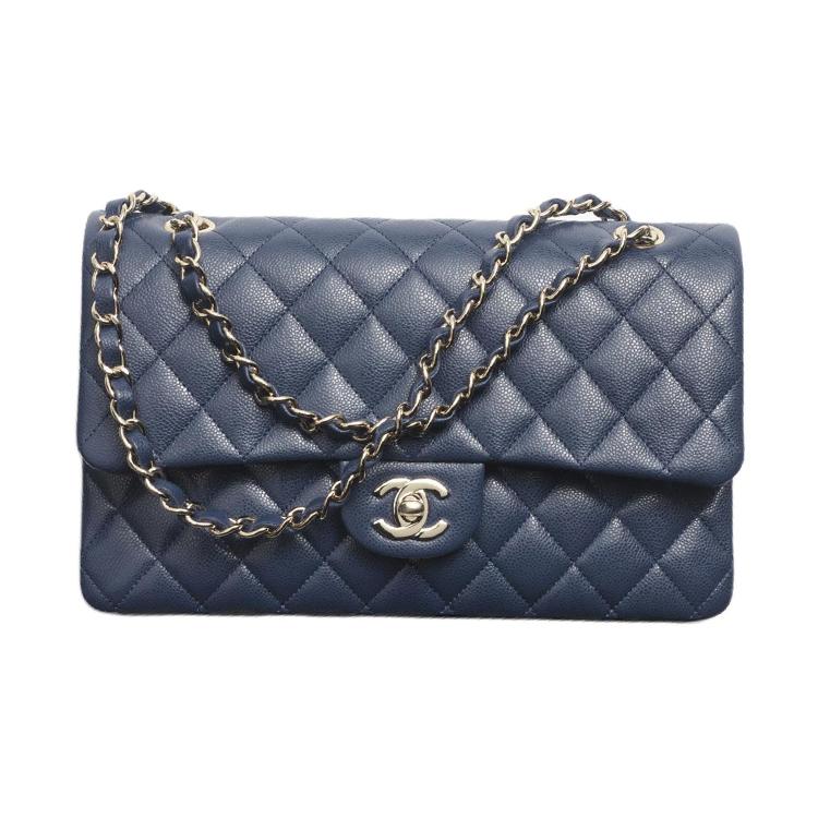 Chanel Chanel Classic Flap CF Grained Shiny Calfskin Handbag Shoulder Bag Crossbody Bag Women's Dark Blue