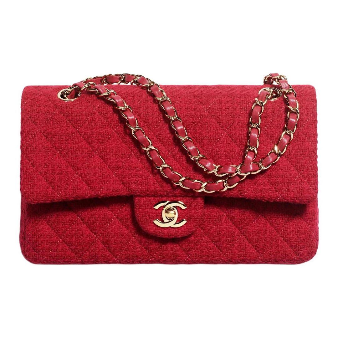 Chanel Chanel Classic Flap CF Wool Twill Velvet Shoulder Bag Crossbody Bag Women's Red