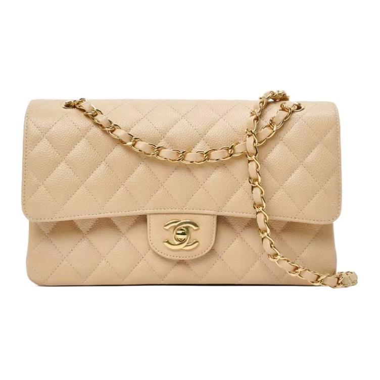 Chanel Chanel Classic Flap CF Grained Calfskin Mouth Cover Bag Crossbody Bag Medium Size Women's Beige