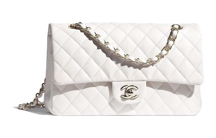 Chanel Chanel Classic Flap CF Textured Calfskin Chain Bag Shoulder Bag Crossbody Bag Medium Size Women's White