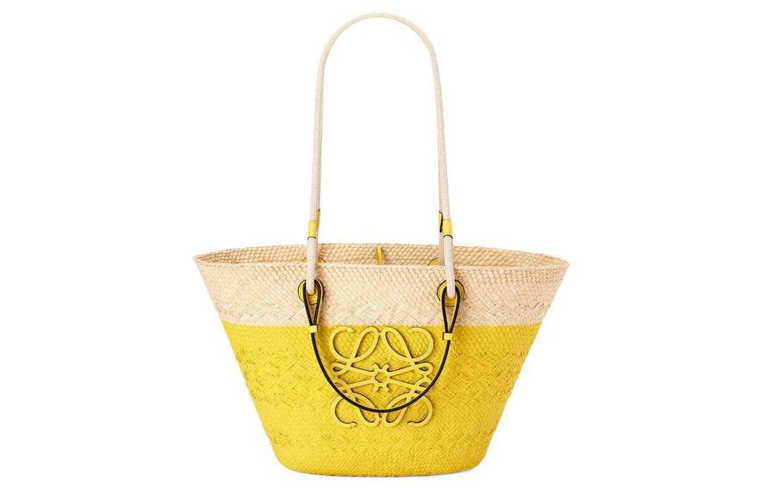 Loewe Loewe Anagram Basket Palm Fiber Cow Leather Handbag Women's Lemon