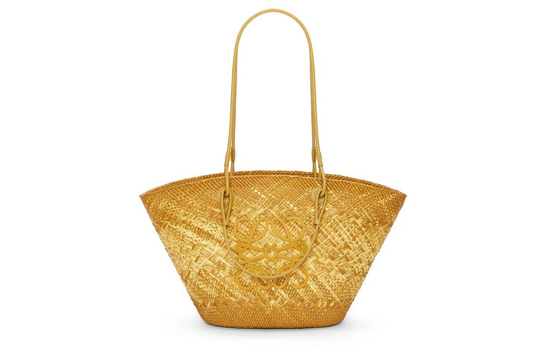 Loewe Loewe Anagram Basket Iraqa Palm Fiber Cow Leather Patchwork Handbag Shoulder Bag Regular Women's Ochre