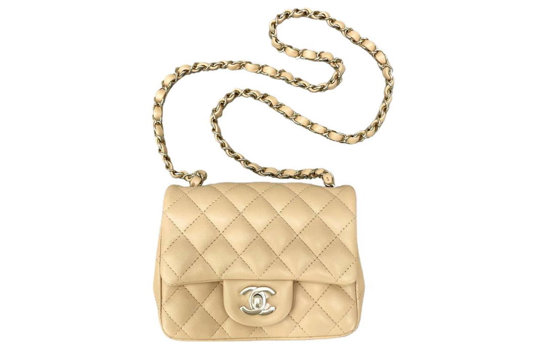 Chanel Chanel Classic Flap CF Lambskin Shoulder Bag Crossbody Bag Mini Women's Beige With Milk Tea Brown Accents