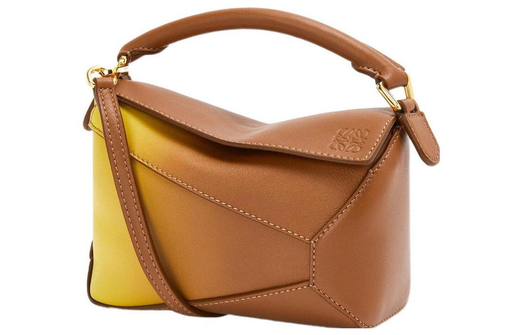 Loewe Loewe Puzzle Nappa Calfskin One Shoulder Handbag Crossbody Bag Mini Women's Tan Pin Lemon
