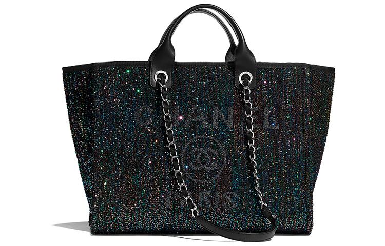 Chanel Chanel Viscose Calfskin Sequins And Silver Metal Tote Bag Shopping Bag Handbag Large Size Women's Black