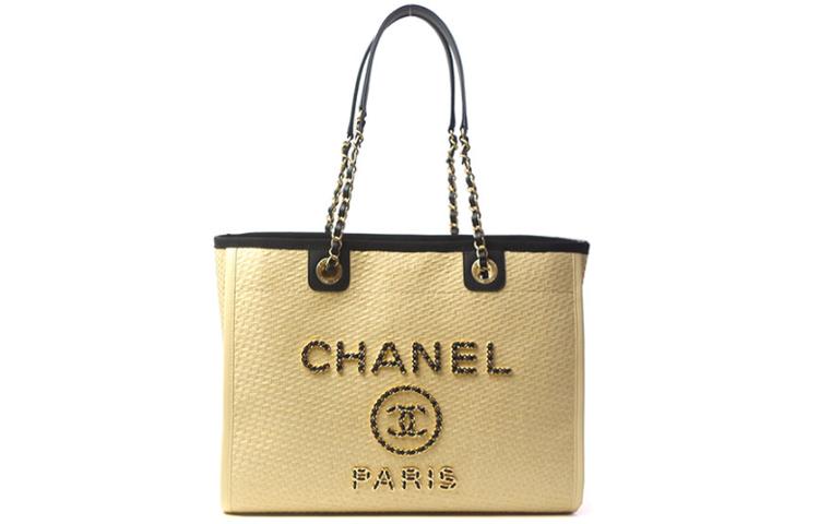 Chanel Chanel Cow Leather Beach Bag Tote Small Size Women's Beige