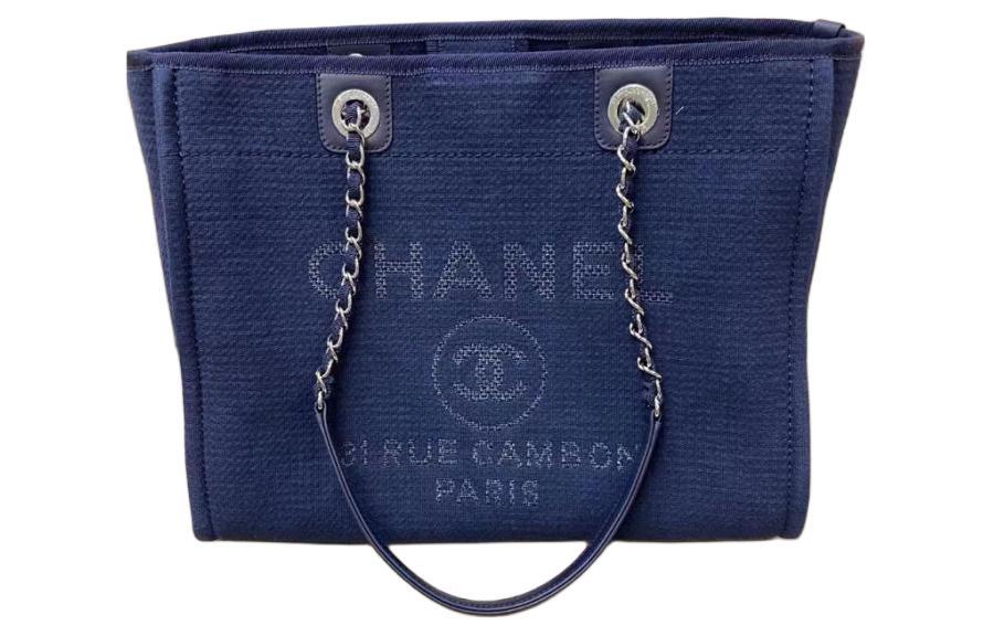 Chanel Chanel Cotton With Canvas And Leather Tote Bag Shopping Bag Shoulder Bag Handbag Women's Blue