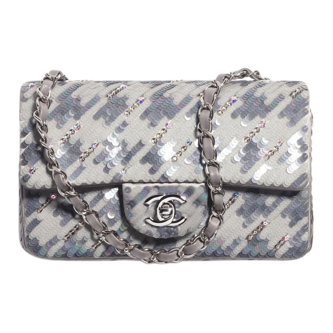 Chanel Chanel Embroidery Satin Crossbody Bag Shoulder Bag Women's Gray & White