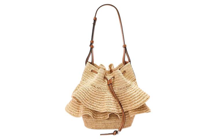 Loewe Loewe Balloon Raffia Fiber Combined With Cow Leather Pleated Portable Crossbody Bag Shoulder Bag Women's Brown