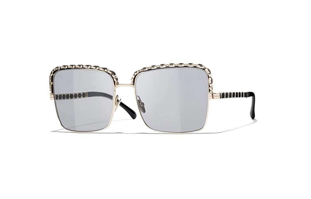 Chanel Chanel Metal Lambskin Rectangular Sunglasses Women's Black