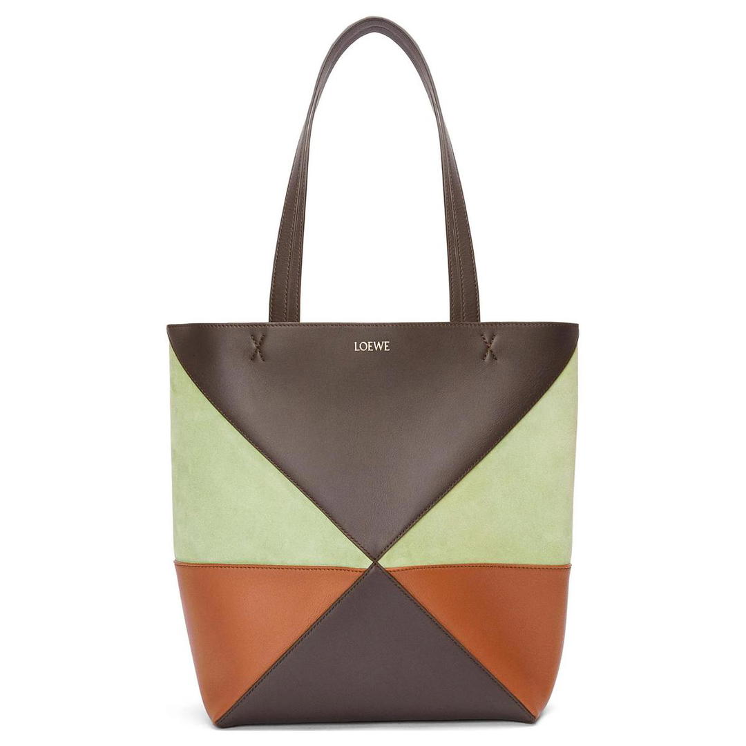 Loewe Loewe Puzzle Cow Leather With Suede Tote Bag, Shopping Bag, Handbag, Shoulder Bag Medium Size Women's Chocolate & Tan