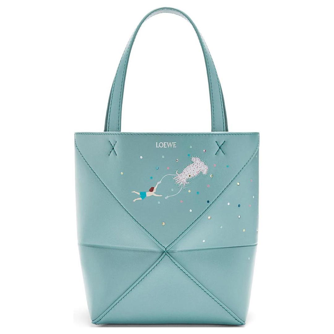 Loewe Loewe Suna Fujita Collaboration Puzzle Fold Cow Leather Shoulder Bag Crossbody Bag Handbag Mini Women's Aqua