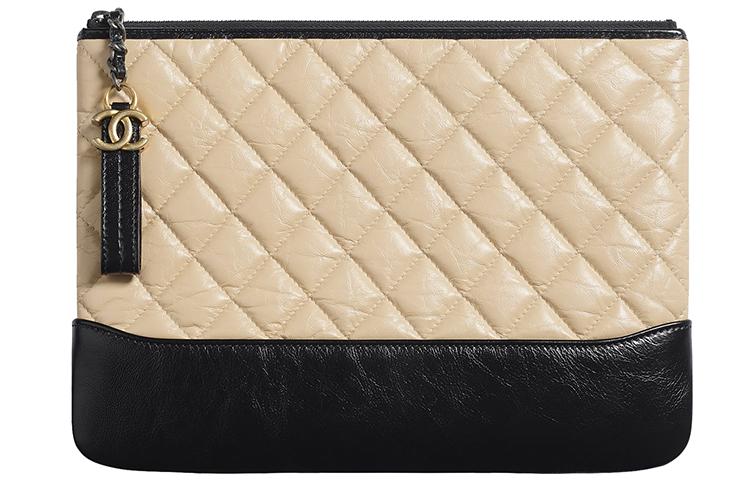 Chanel Chanel Calfskin With Smooth Calfskin Clutch Women's Beige/Black