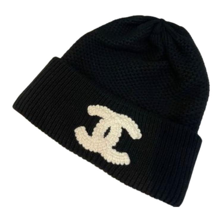 Chanel Chanel Knitted Fabric Cashmere Beanies Women's Black/Dark Blue