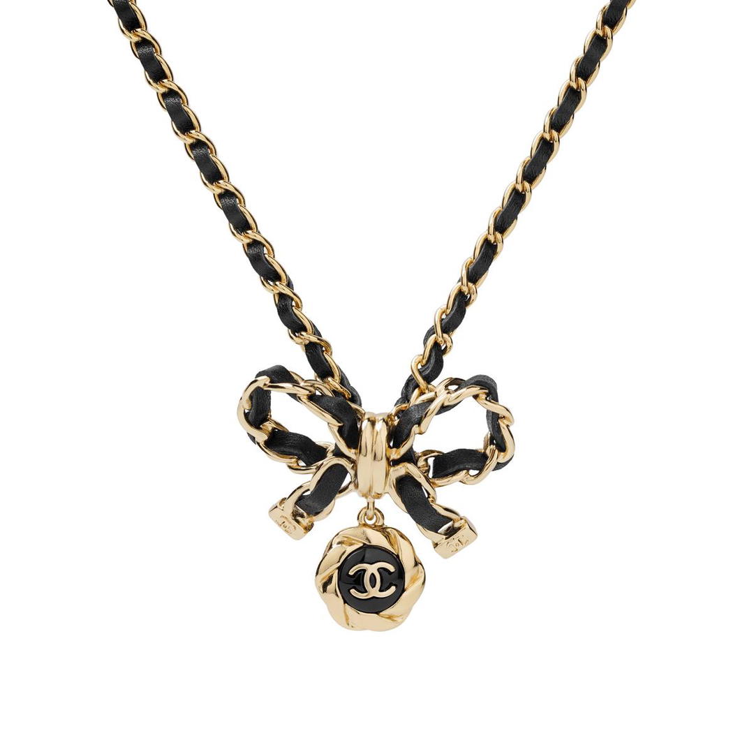 Chanel Chanel Metal Artificial Pearl Calfskin Necklaces Women's Black Gold