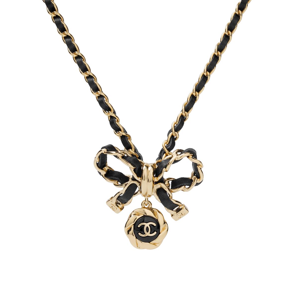 Chanel Chanel Metal Artificial Pearl Calfskin Necklaces Women's Black Gold