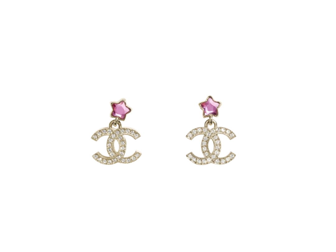 Chanel Chanel Pendant Earrings In Gold Metal With Strass Hardware Gold Pink Crystal
