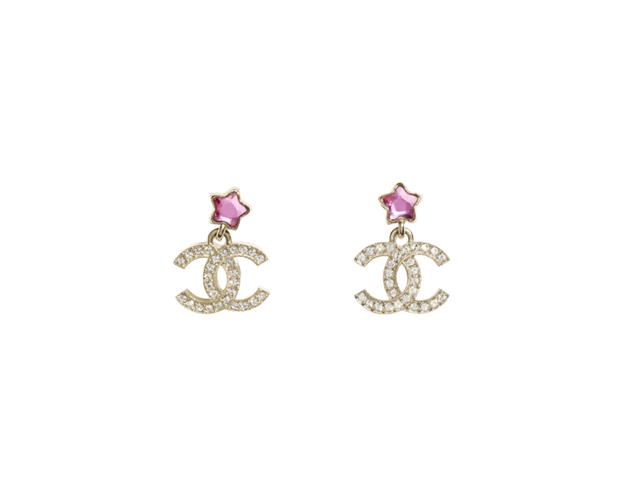 Chanel Chanel Pendant Earrings In Gold Metal With Strass Hardware Gold Pink Crystal - view 1