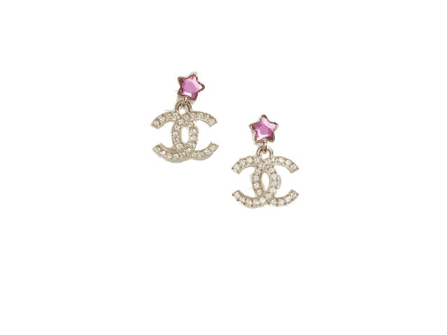 Chanel Chanel Pendant Earrings In Gold Metal With Strass Hardware Gold Pink Crystal - view 2