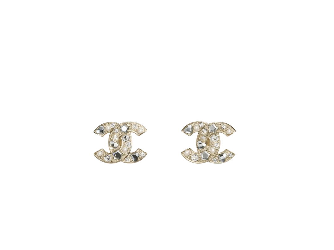 Chanel Chanel Stud Earrings In Gold Metal Crystal Glass Pearls With Strass Hardware Gold Pearly White And Crystal