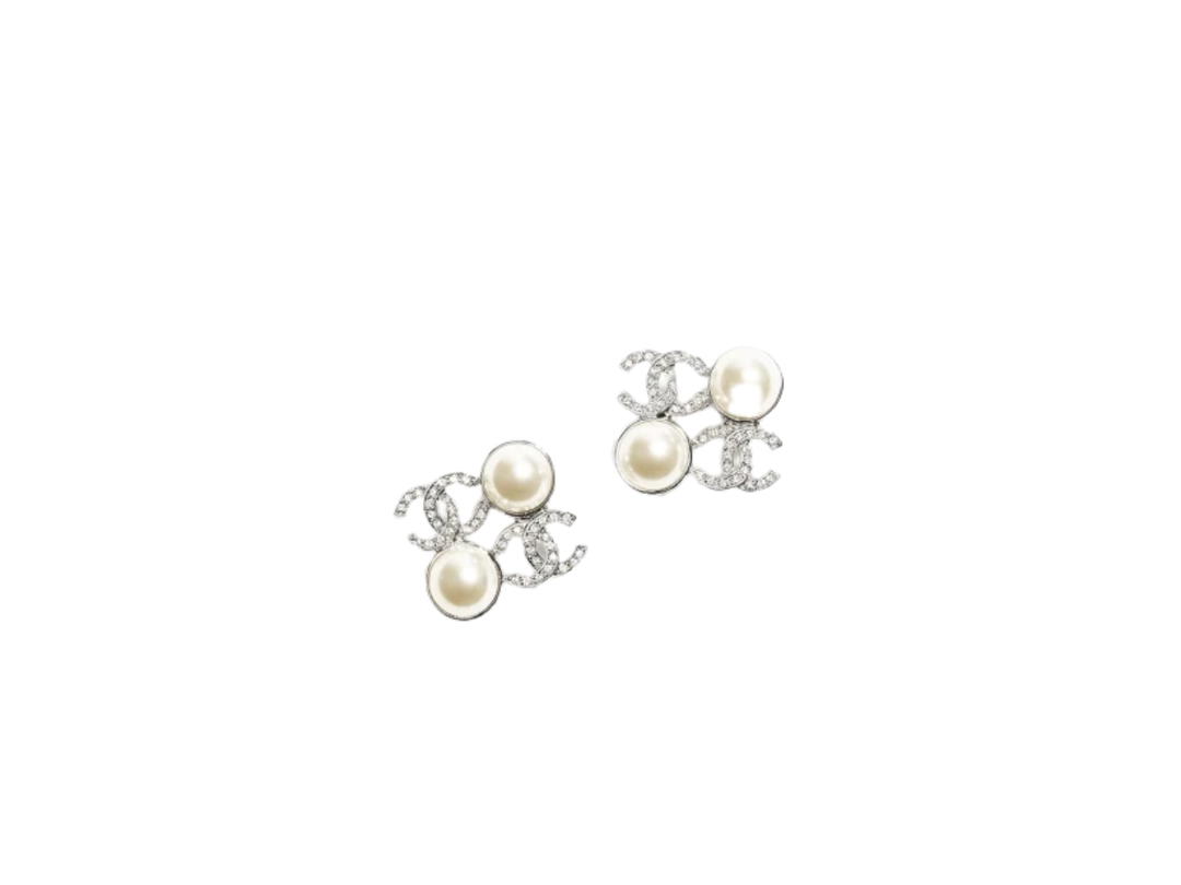 Chanel Chanel Stud Earrings In Silver Metal Crystal Glass Pearls With Strass Hardware Silver Pearly White And Crystal