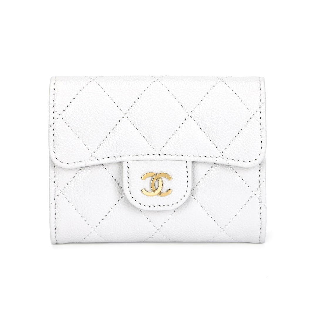 Chanel Chanel Classic Flap CF Embossed Calfskin With Metal Coin Purse Wallet With Flap Women's White