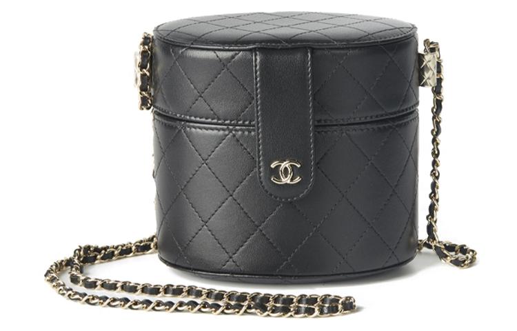 Chanel Chanel Sheepskin Cylinder Bag Makeup Bag Shoulder Bag Crossbody Bag Medium Size Women's Black