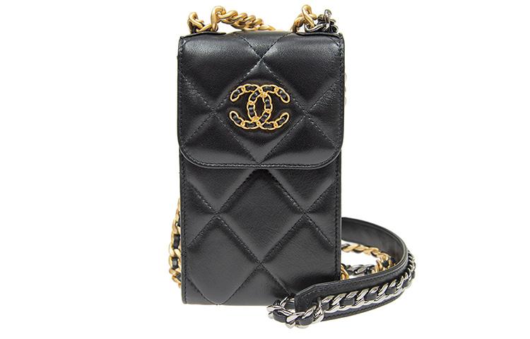 Chanel Chanel Leather Chain Bag Cell Phone Pouch Women's Black