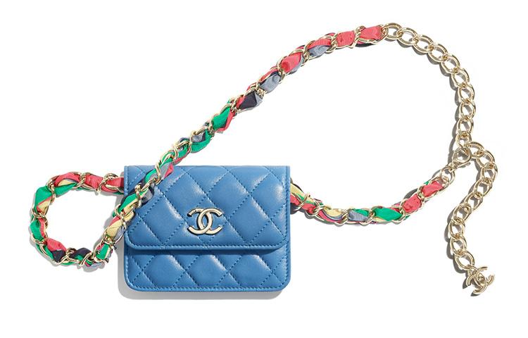 Chanel Chanel Lambskin With Silk Ribbon And Metal Chain Fanny Pack Small Size Women's Blue/Multicolor