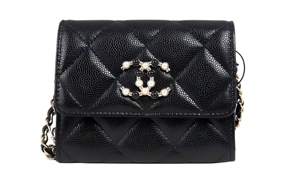 Chanel Chanel Litchi Leather Small Card Holder One Shoulder Crossbody Coin Purse Small Size Women's Black