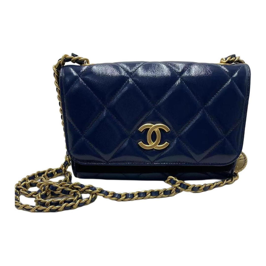 Chanel Chanel Cow Leather Shoulder Bag Women's Dark Blue