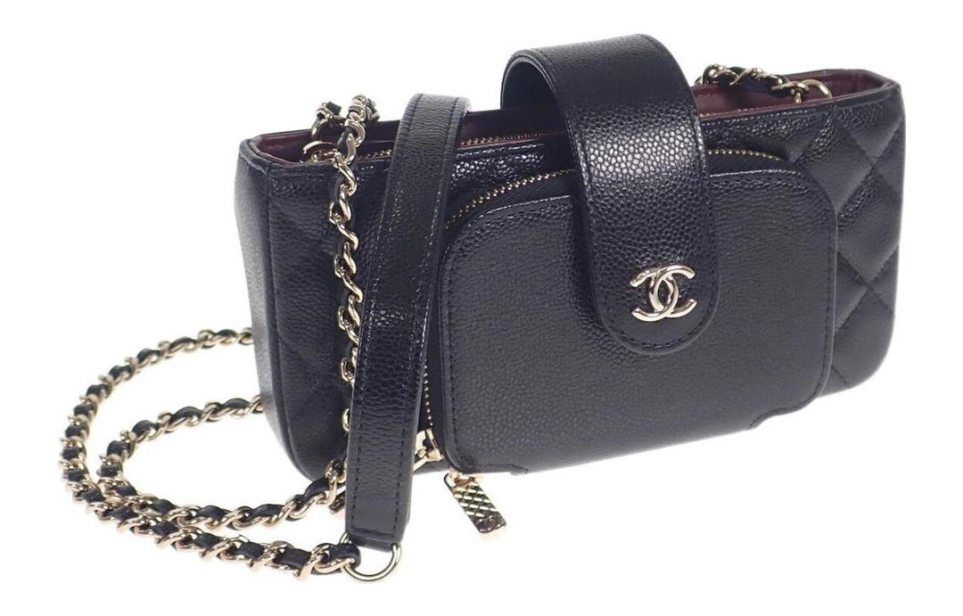 Chanel Chanel Litchi Cow Leather Shoulder Bag Crossbody Bag Cell Phone Pouch Women's Black