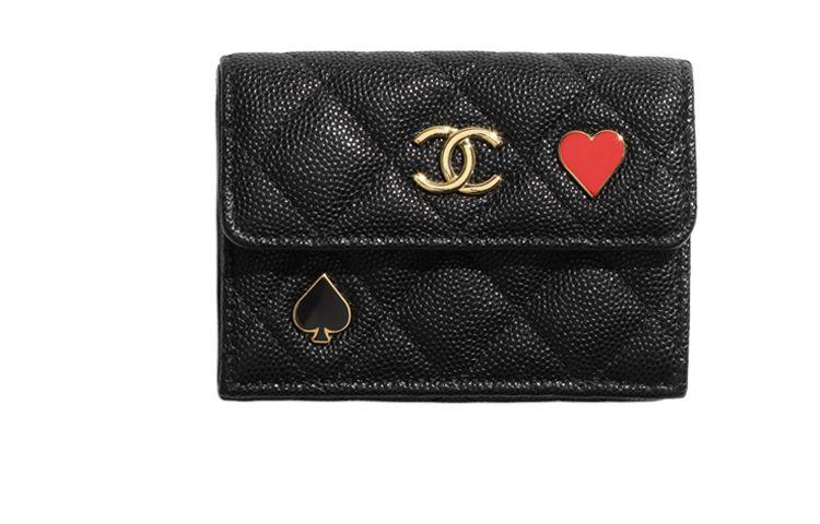Chanel Chanel 23C Early Spring Embossed Calfskin With Gold Metal Pocket Cover Wallet Small Size Women's Black