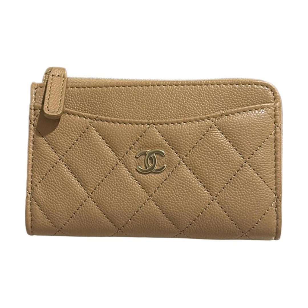 Chanel Chanel Grained Cow Leather Card Holder Women's Beige